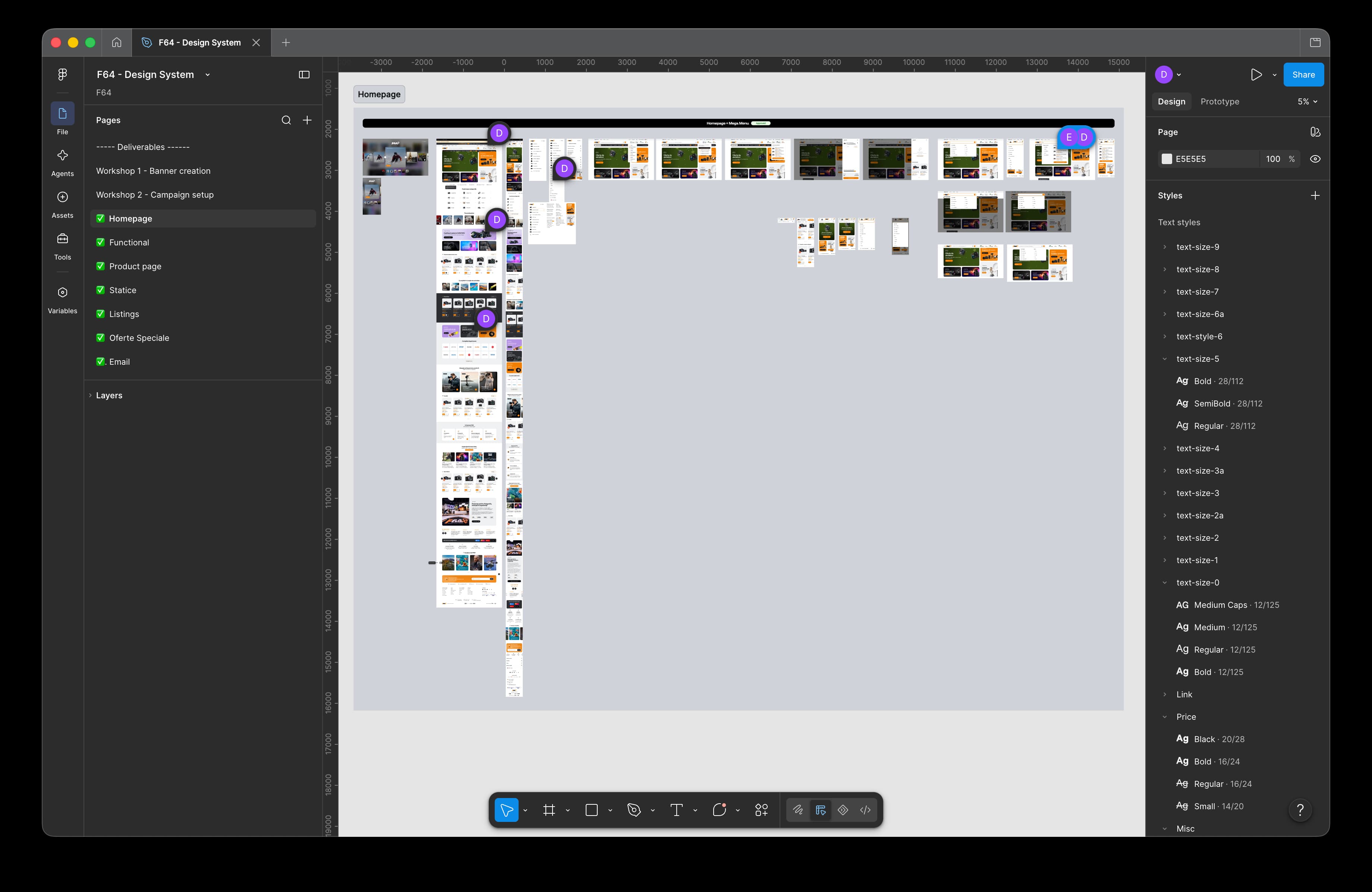 F64 design system working file in Figma showing homepage components, responsive layouts and interface states