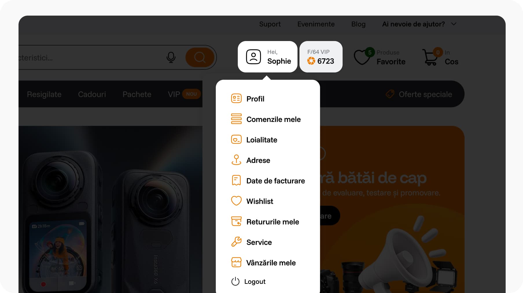 F64 custom account menu with CRM, returns and wishlist features