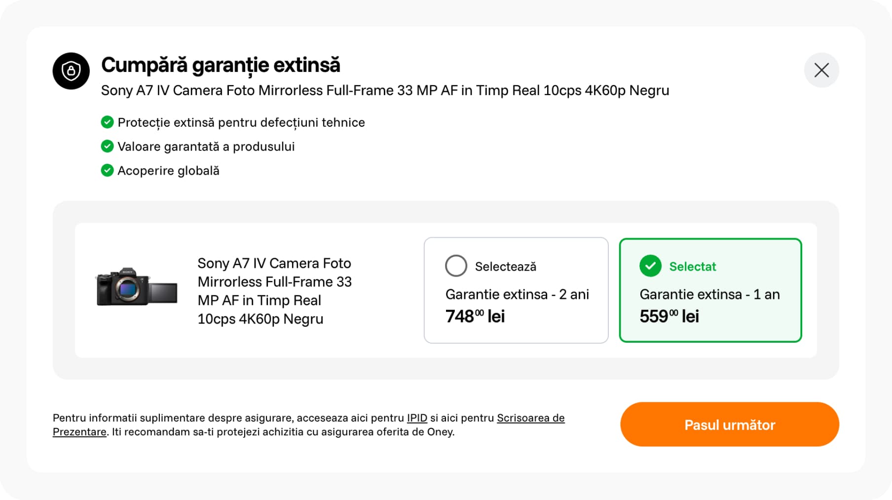 F64 extended warranty selection interface