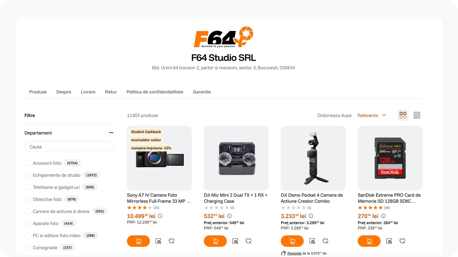 F64 marketplace seller page with seller information, filters and product catalogue